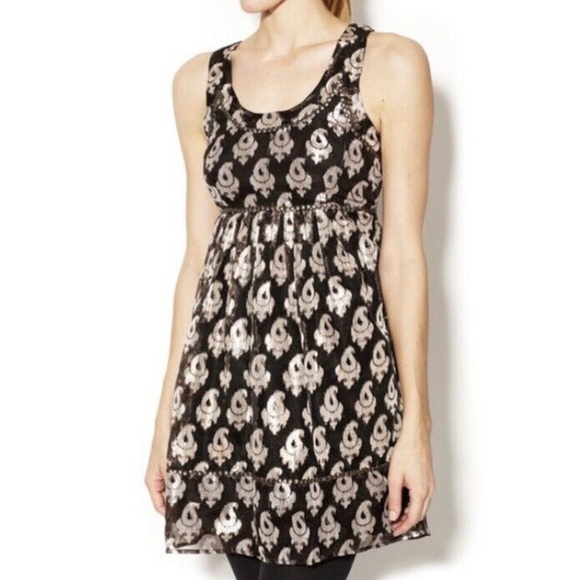 Free People 🖤 Jacquard Sleeveless Mini Dress Black Tan Metallic Studs Womens 10 - Picture 6 of 13